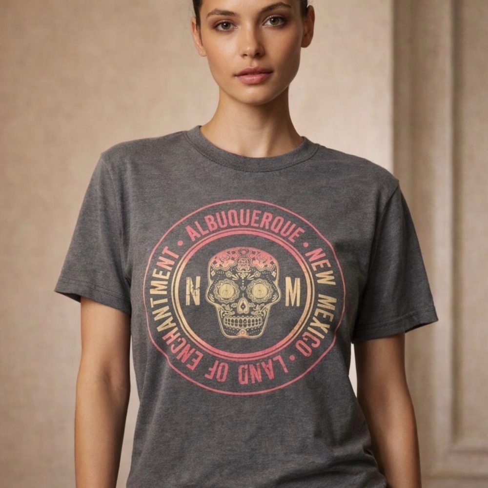 Albuquerque New Mexico Gildan Ultra Cotton Gray T-Shirt Sugar Skull Size Small